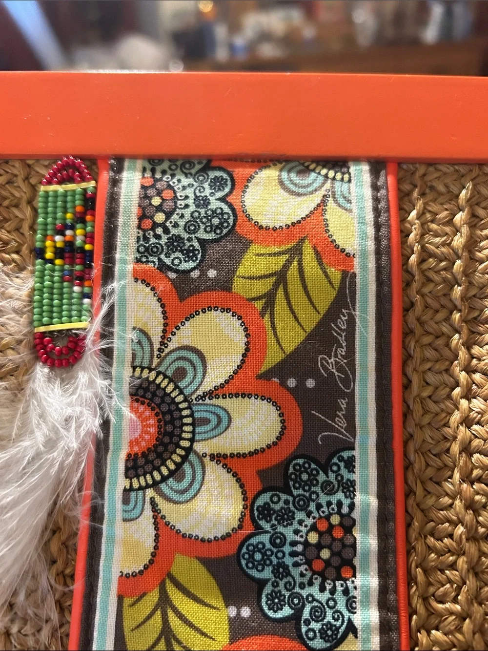 Vera Bradley Straw Clutch with Orange Trim and Multicolor Floral Ribbon